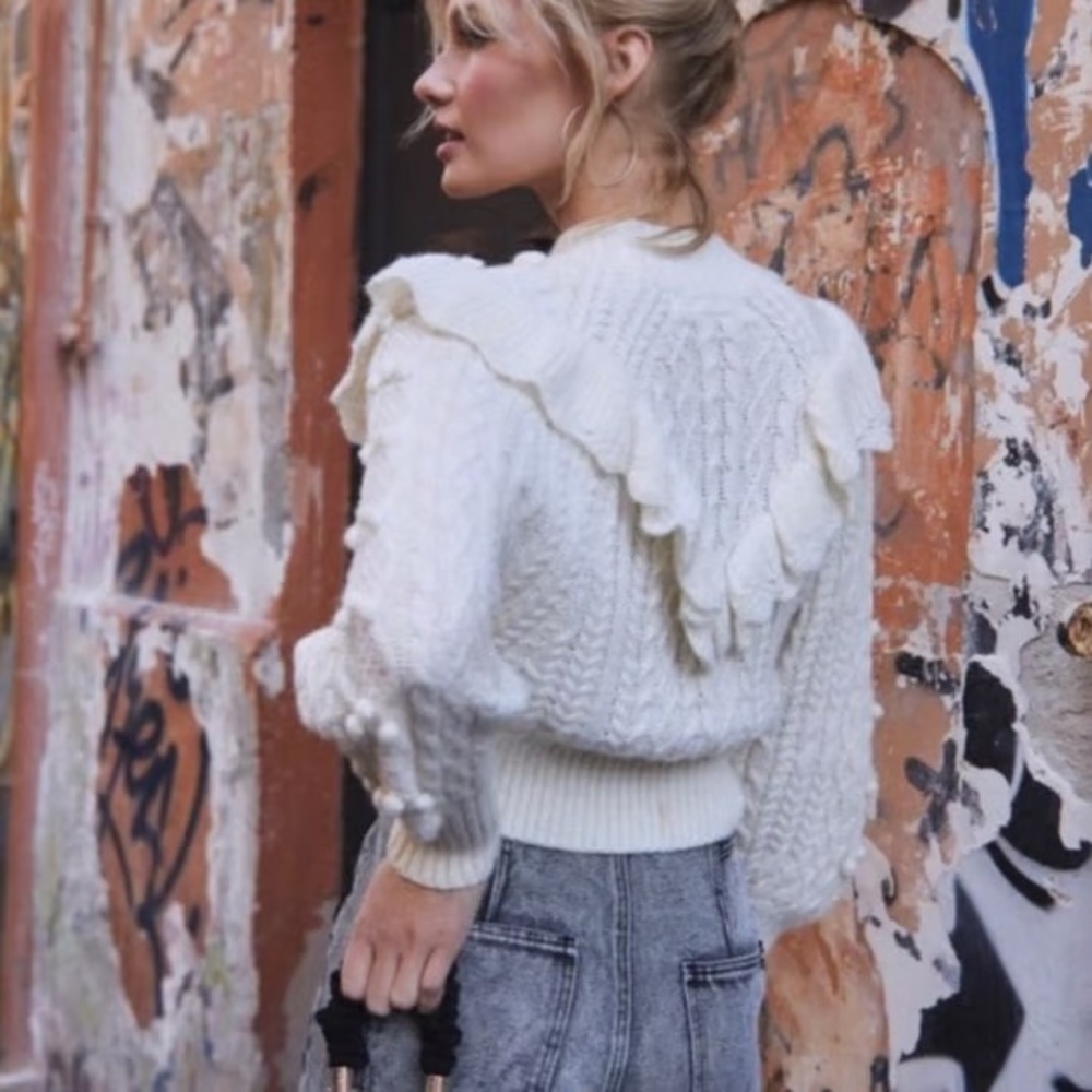 ASTR Ruffle Dot Judy Ivory Alpaca Wool Long Sleeve Cable Knit Sweater X-Small